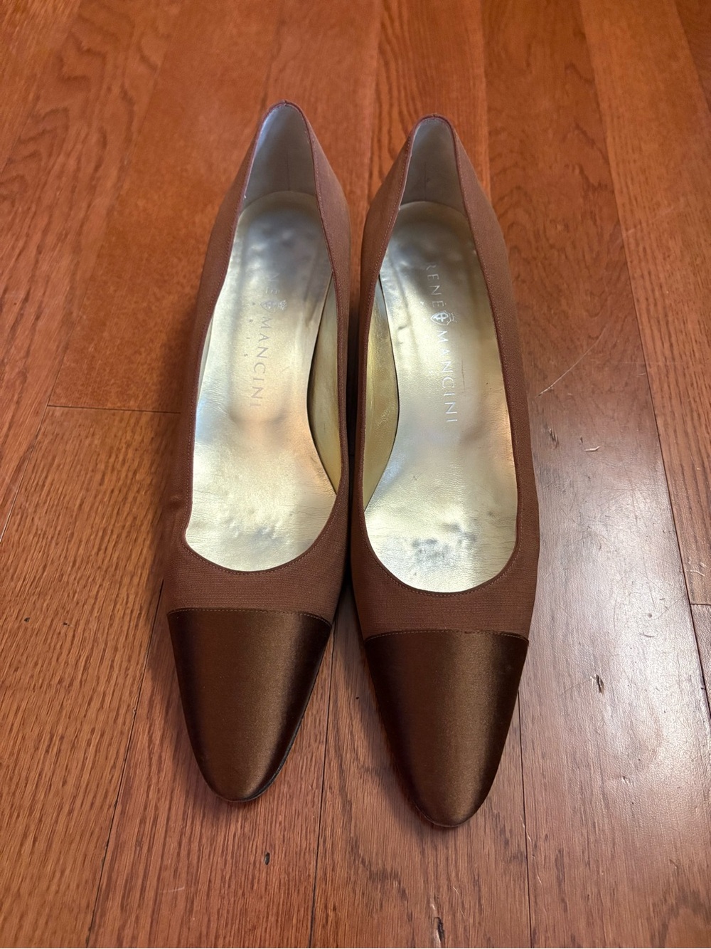 Rene Mancini Brown Satin Cap-Toe Pumps. Made in France. Size 9-9.5